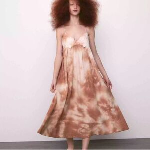 Zara Tan/Cream Tie Dye Midi Dress with Adjustable Spaghetti Straps Size Small